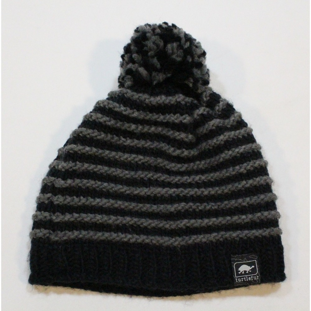Turtle Fur Striped Knit Beanie Hat 100% Acrylic with‎ Polyester lining Pom Pom